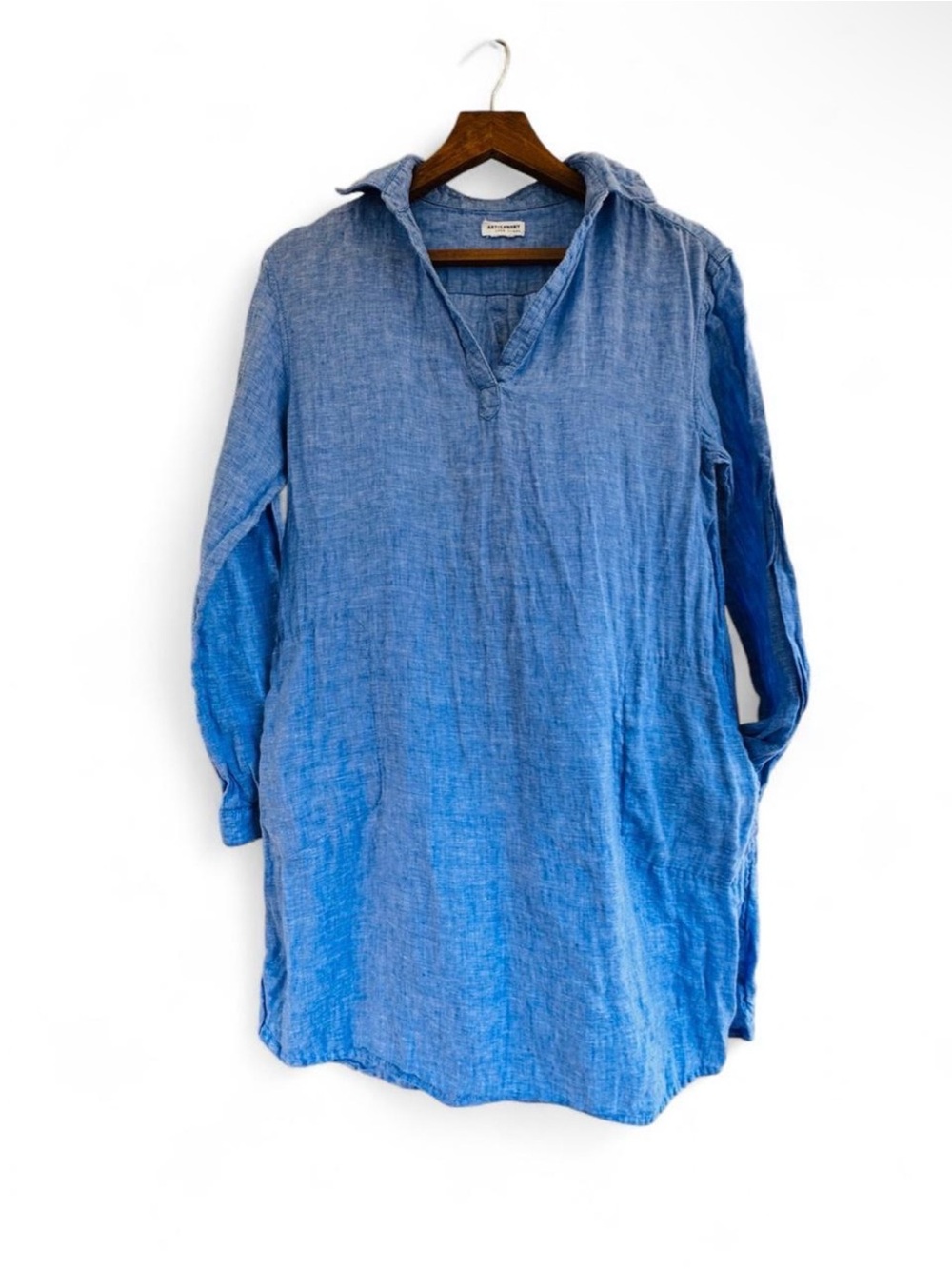 Artisan Blue Washed Linen Tunic Dress Cover Up Coastal Resort Minimalist Fashion - Picture 6 of 8